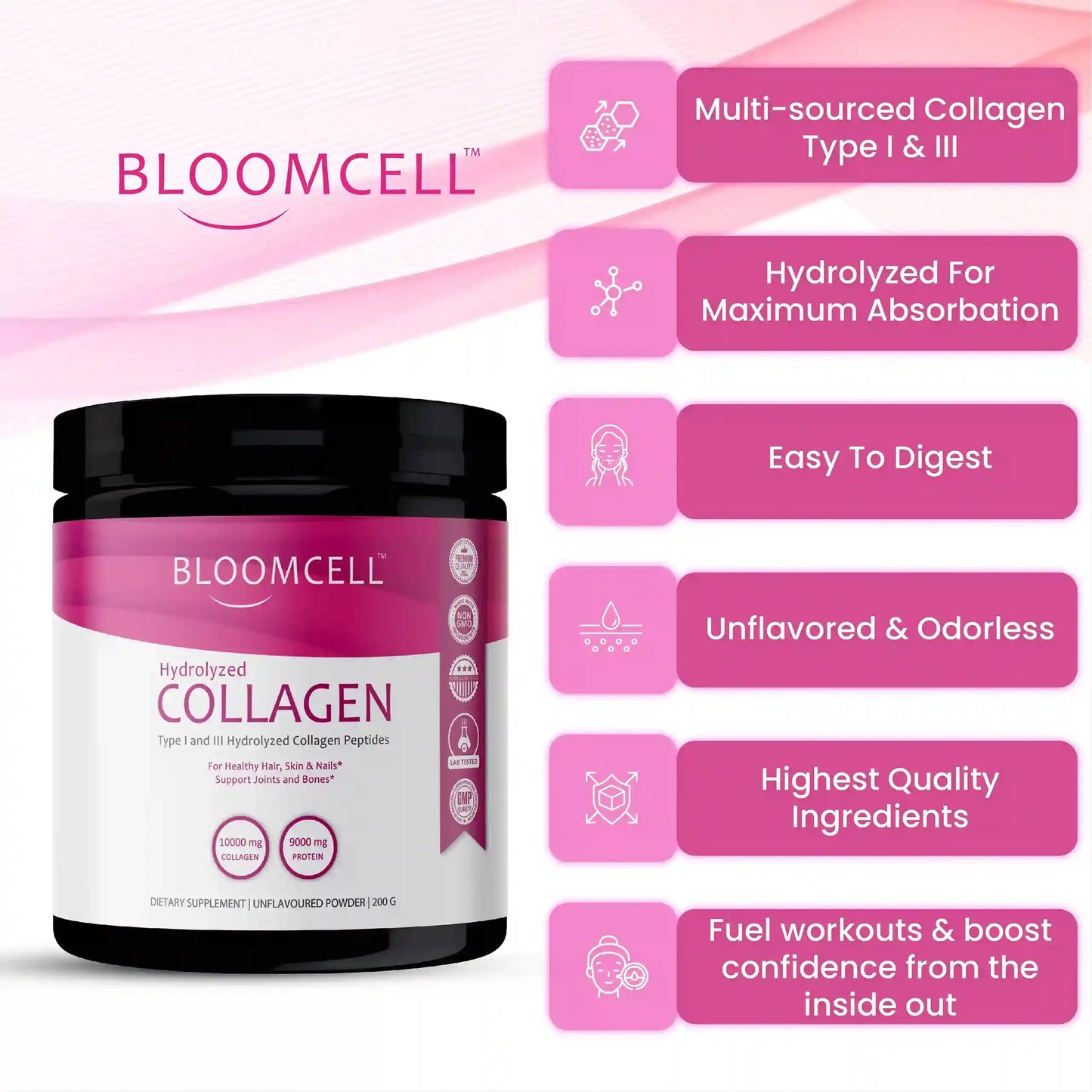 Bloomcell Bovine Collagen Powder- 200g (Unflavored)