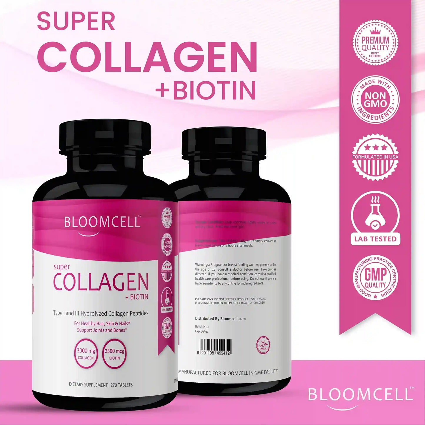 Bloomcell Super Collagen + Biotin- 270 Tablets ,Type 1& 3
