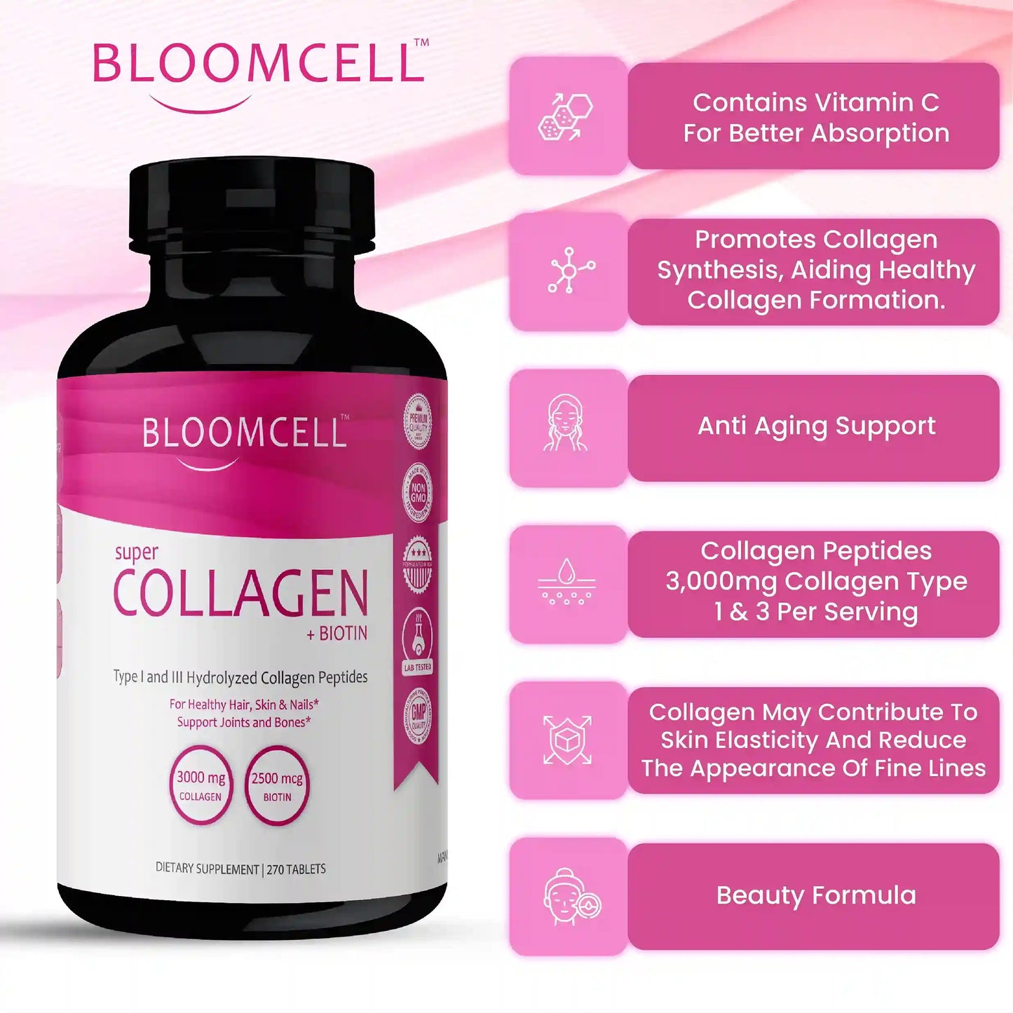 Bloomcell Super Collagen + Biotin- 270 Tablets ,Type 1& 3