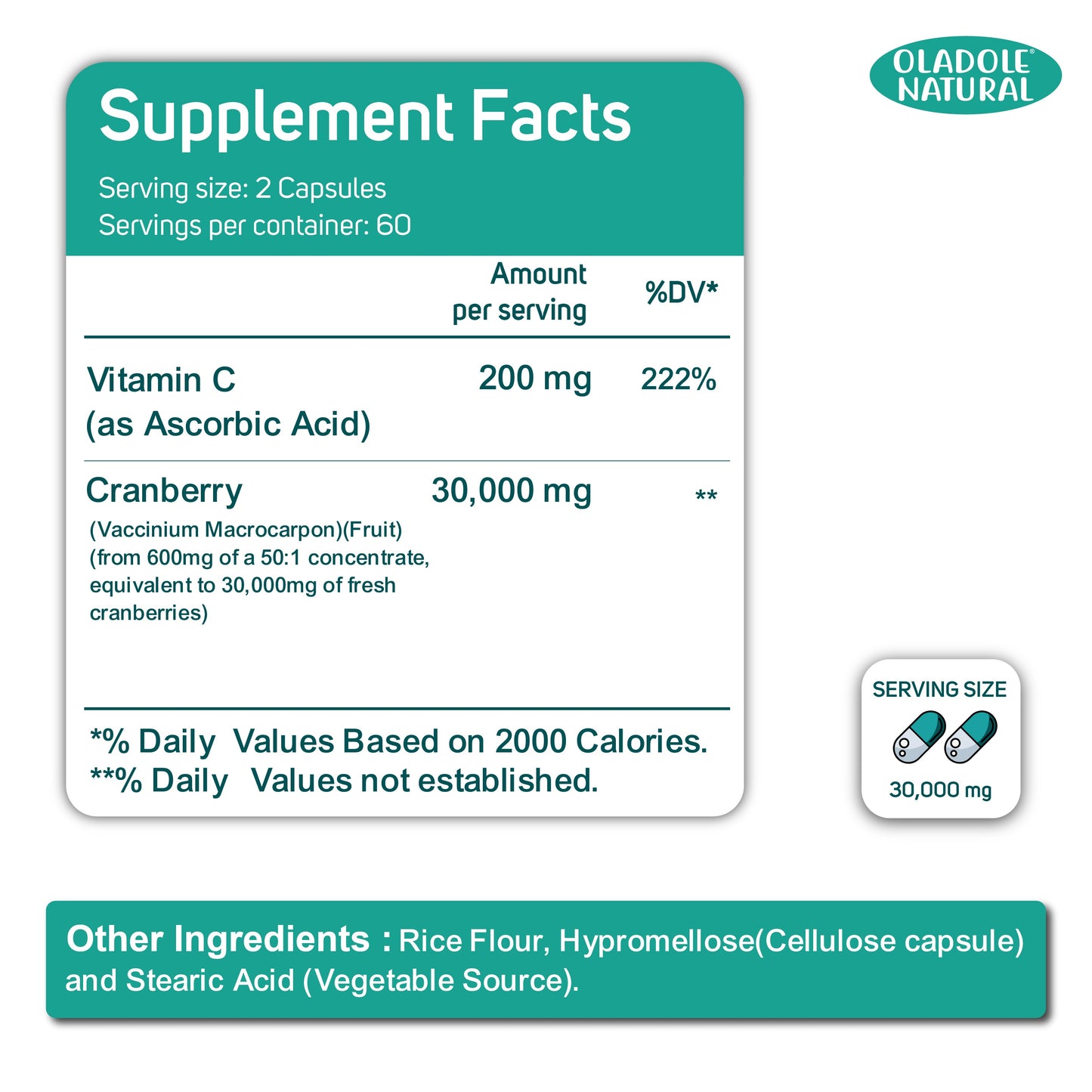 Cranberry (30,000 mg) + Vitamin C 120 Capsules