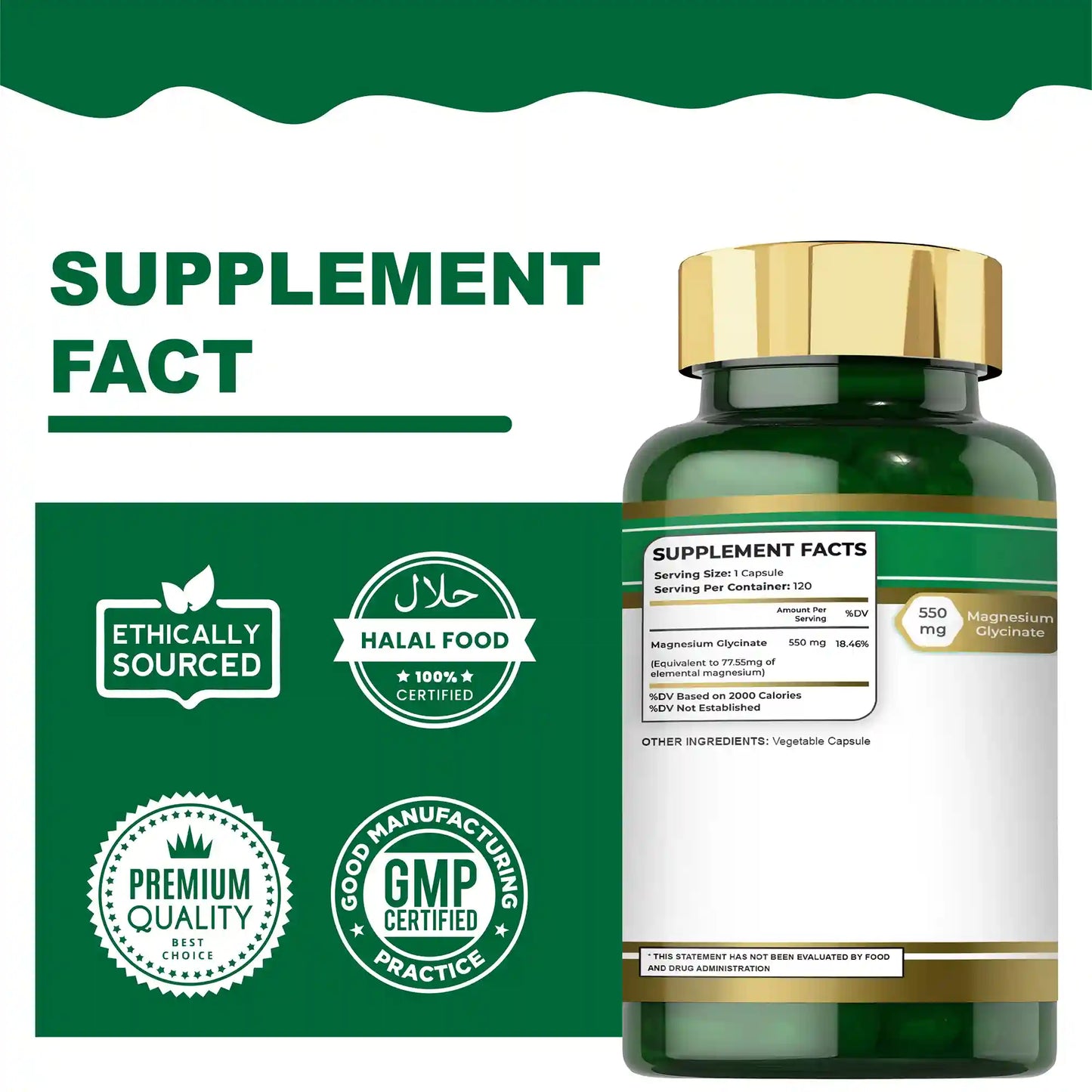 Folfar Magnesium Glycinate 550mg, 120 capsules