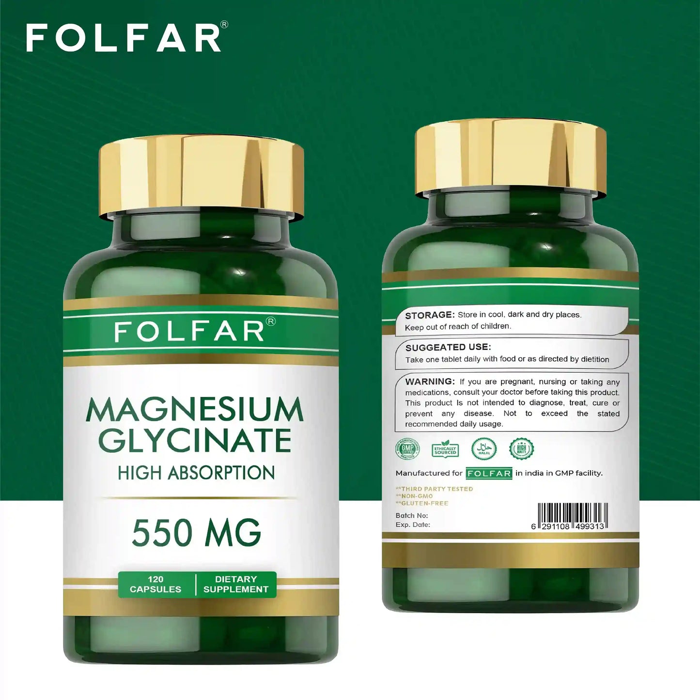 Folfar Magnesium Glycinate 550mg, 120 capsules