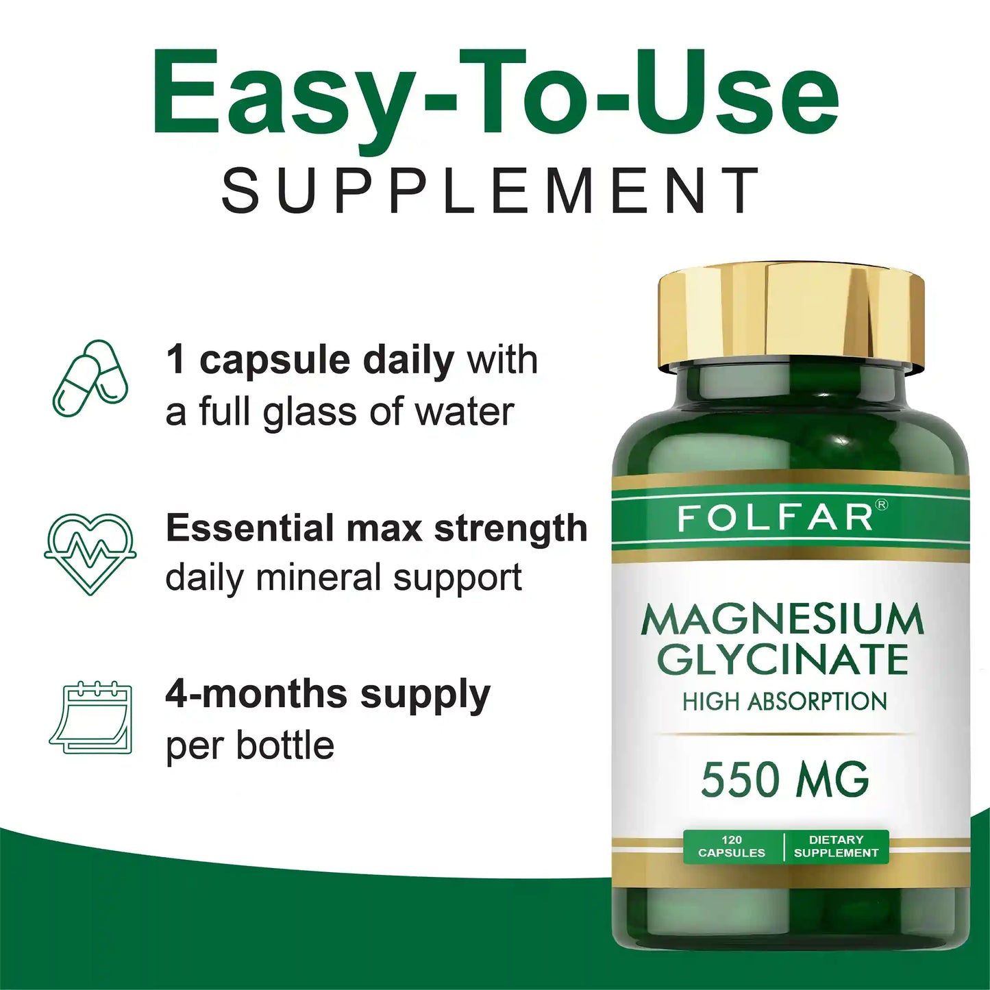 Folfar Magnesium Glycinate 550mg, 120 capsules