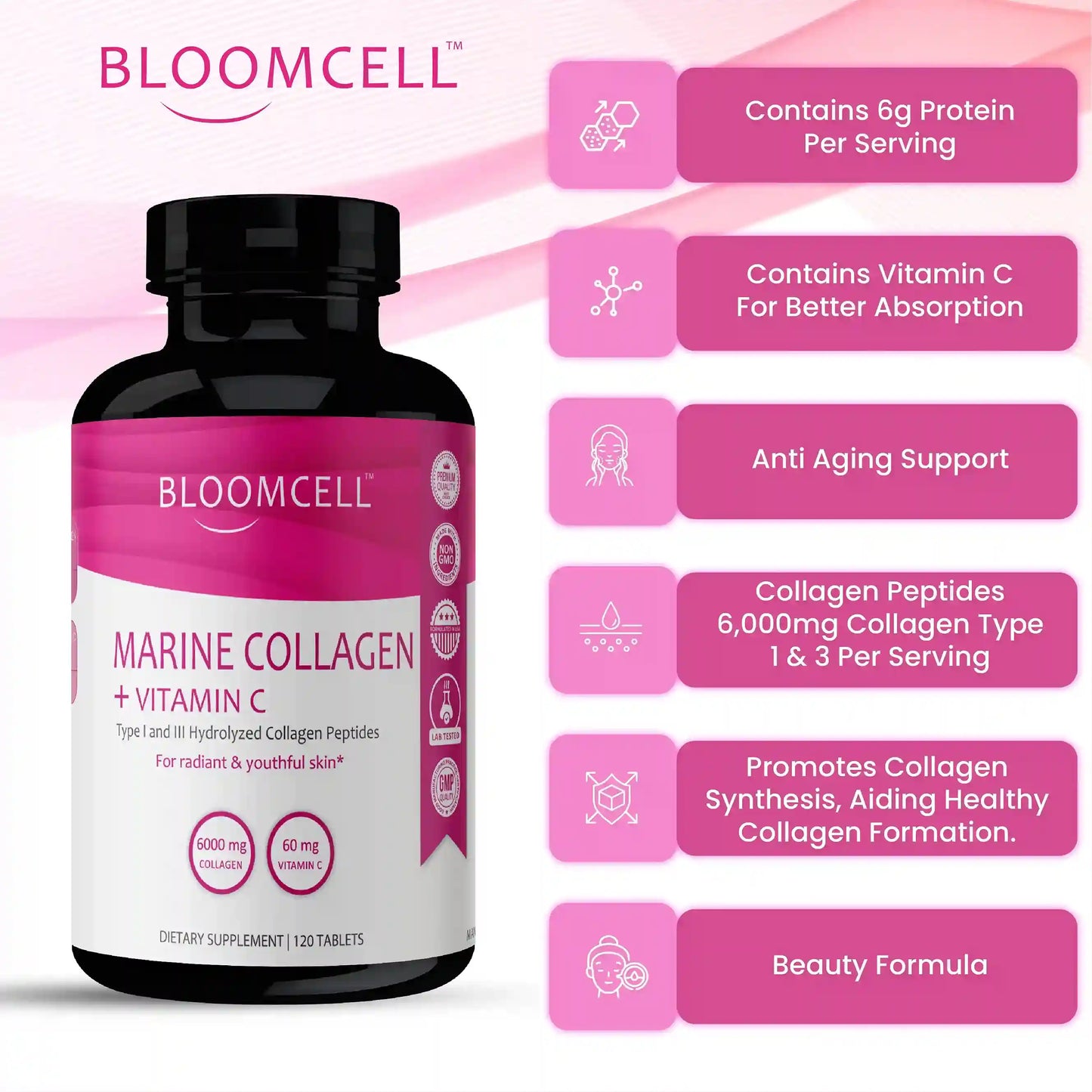 Bloomcell Marine Collagen + Vitamin C-120 Tablets