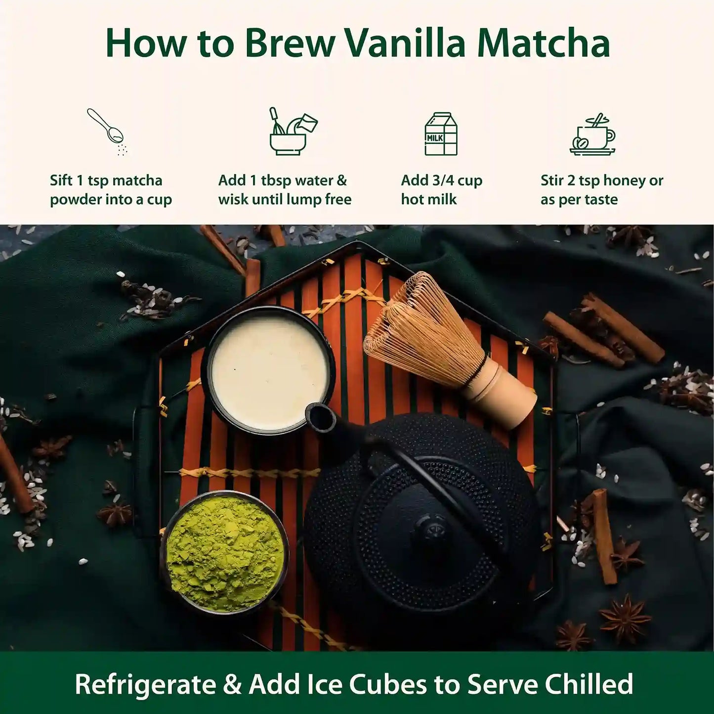 Orgaino Vanilla Matcha Green Tea Powder (50g, 25 Cups)