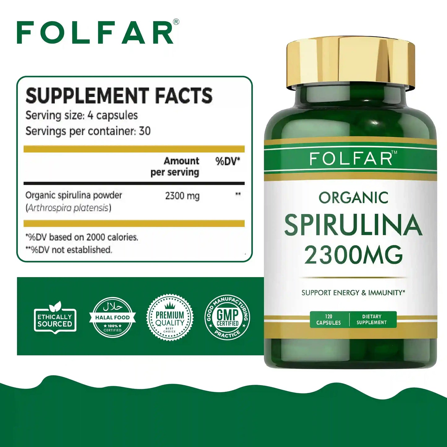 Folfar Organic Spirulina 2300mg - 120 Capsules