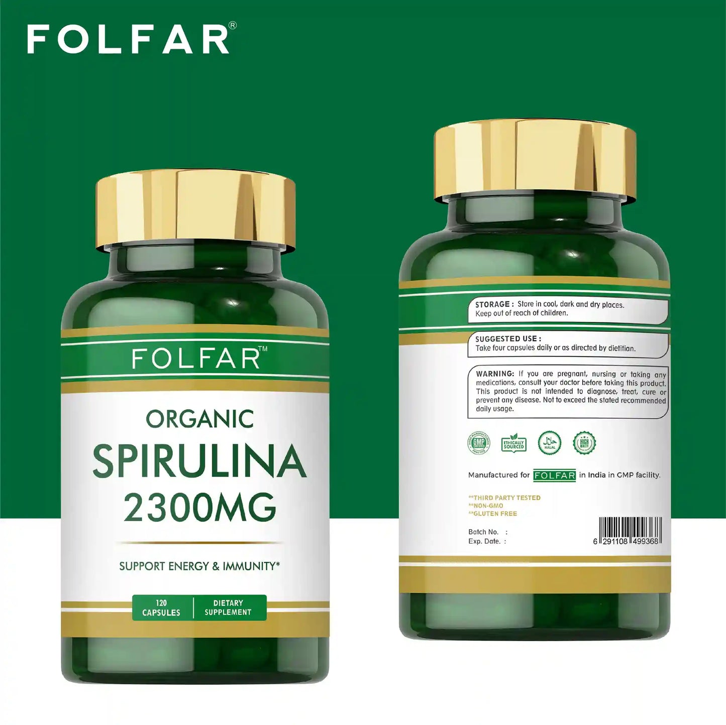 Folfar Organic Spirulina 2300mg - 120 Capsules