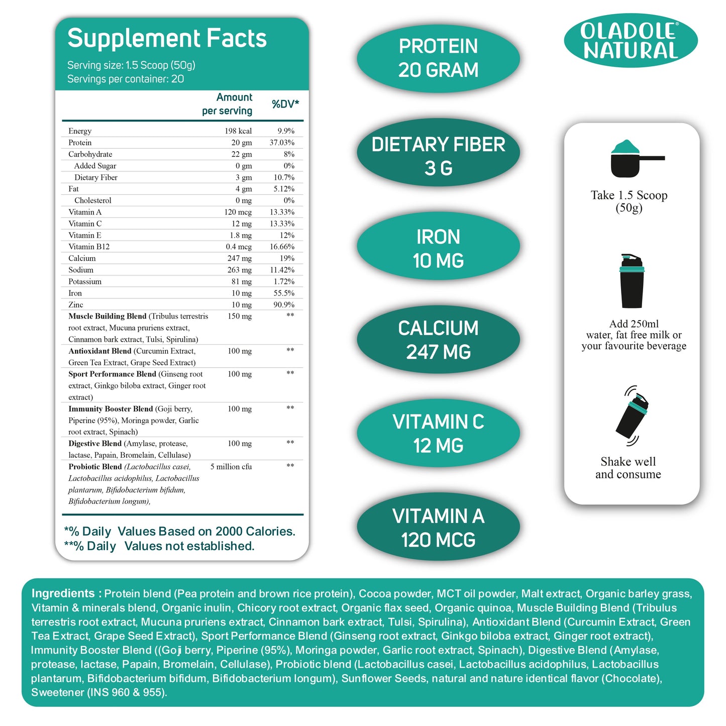 Supplement Facts of plant based organic protein powder 1kg chocolate Halal
