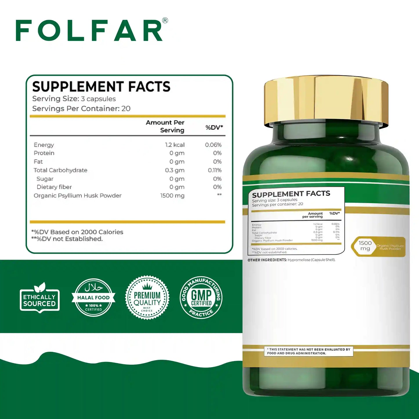 Folfar Psyllium Husk – 60 Capsules
