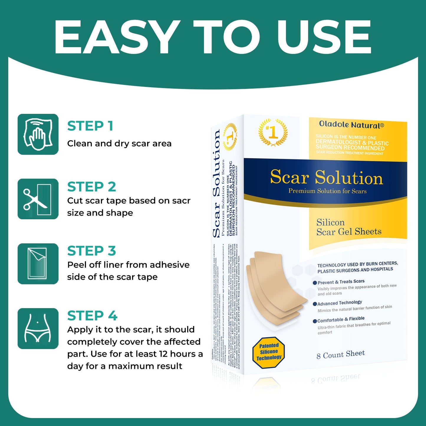 Scar Solution Silicone Scar Gel Sheets 8 Count