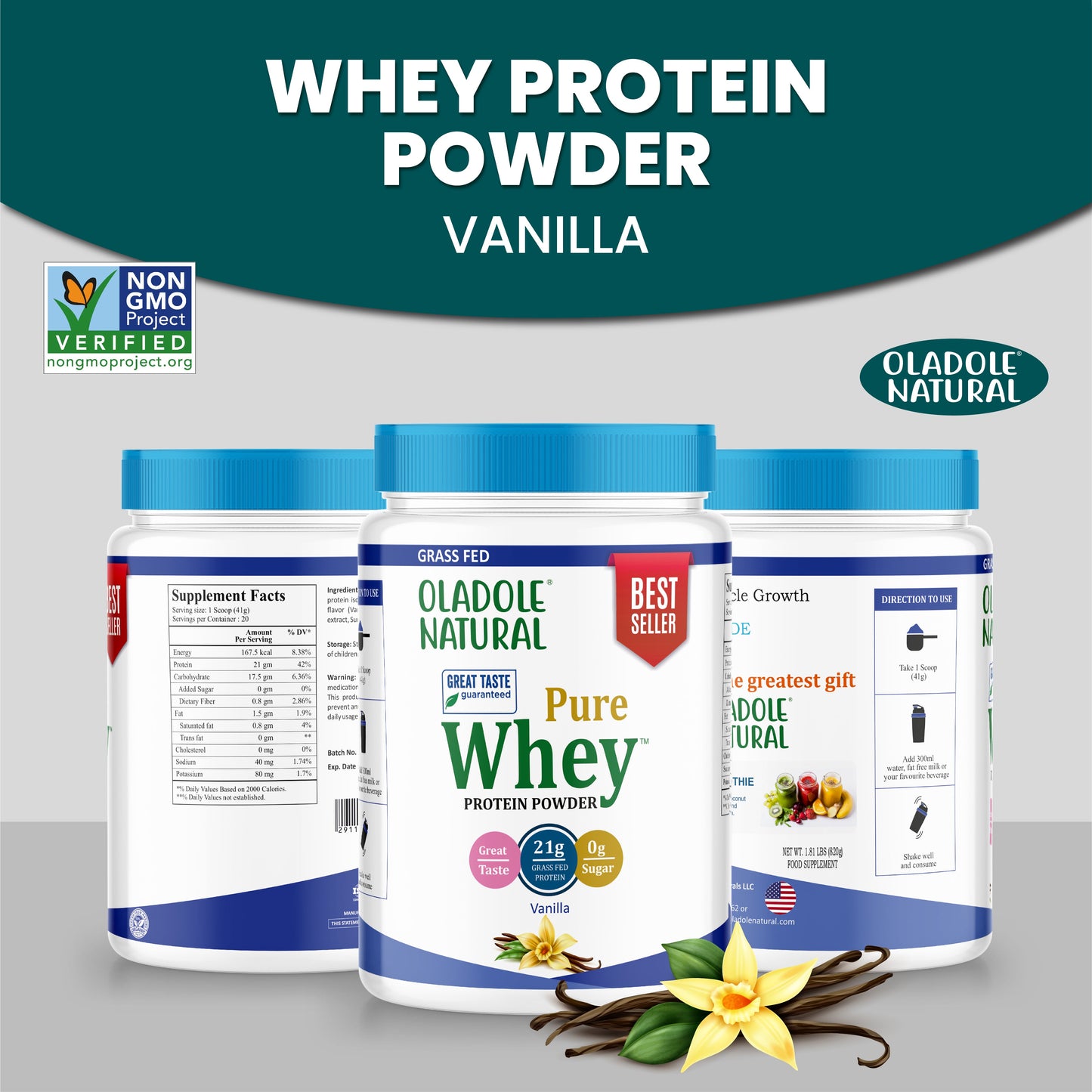 Oladole Natural Whey Protein Powder 820g Vanilla Bean