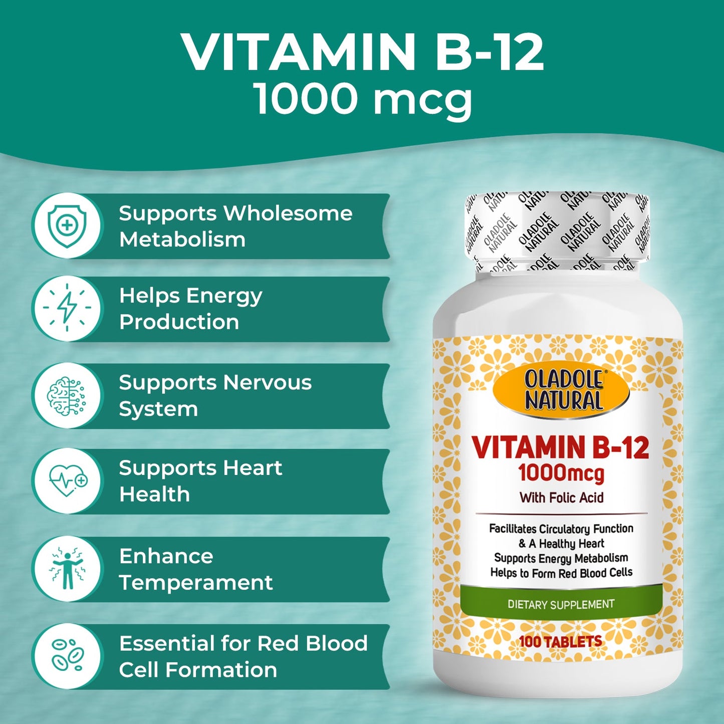 Vitamin B-12 with Folic Acid, 1000mcg 100 Tablets