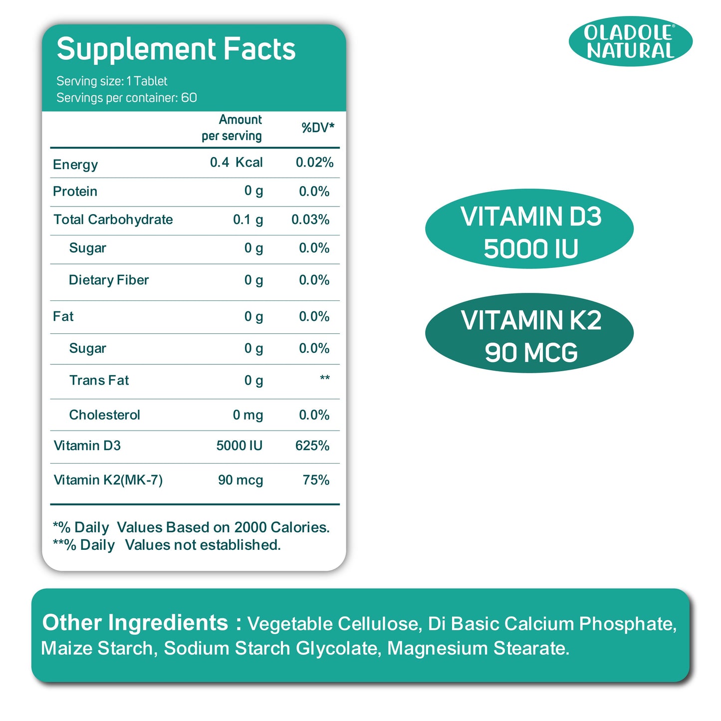 Vitamin D3 5000 IU + K2 Bone Health Support 60 Softgels