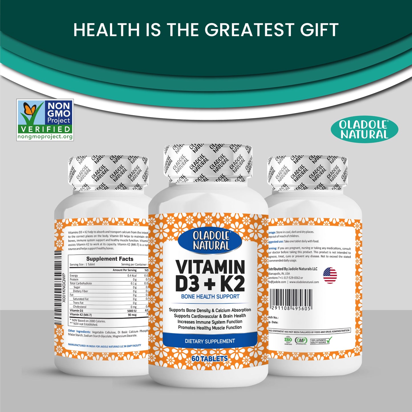 Vitamin D3 5000 IU + K2 Bone Health Support 60 Softgels