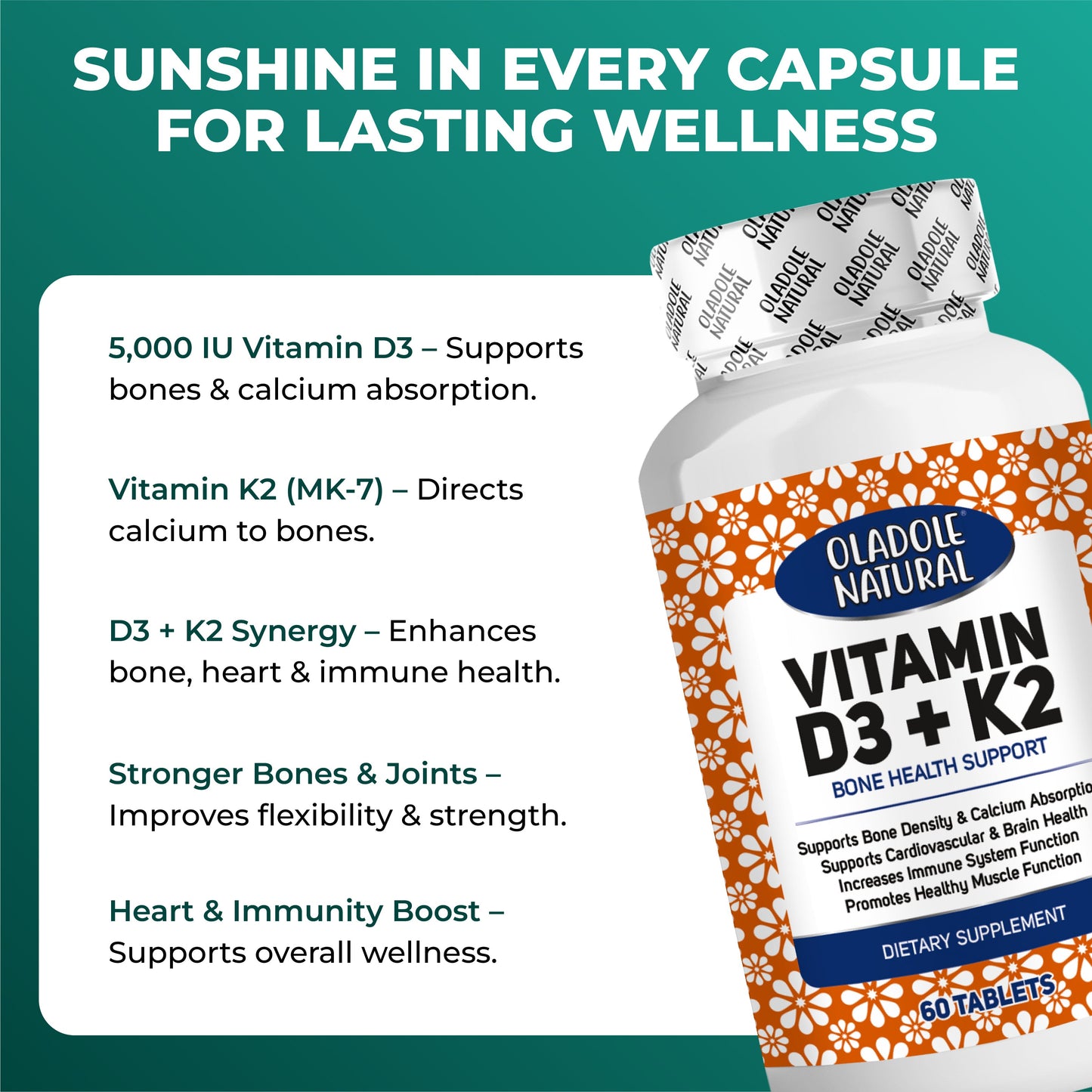 Vitamin D3 5000 IU + K2 Bone Health Support 60 Softgels