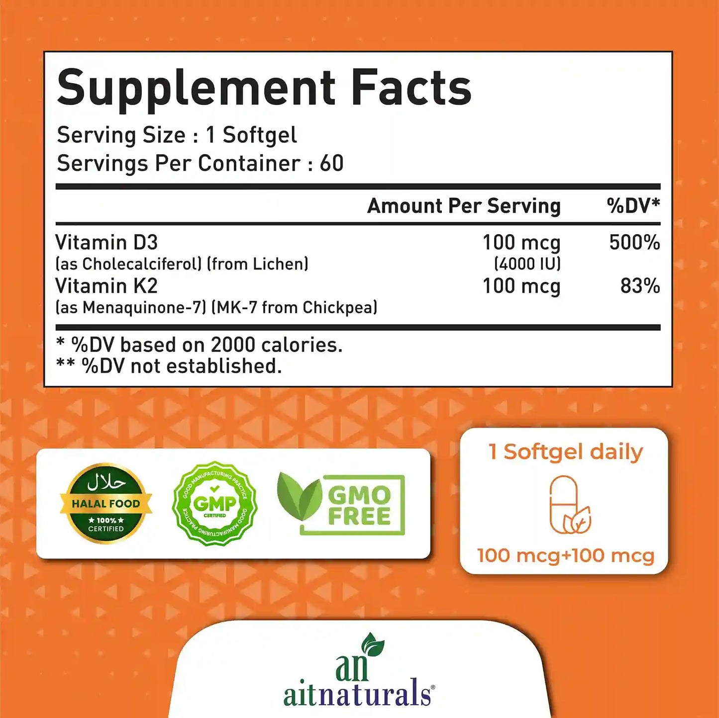 Aitnaturals Plant Based D3 + K2 - (60 Softgels)