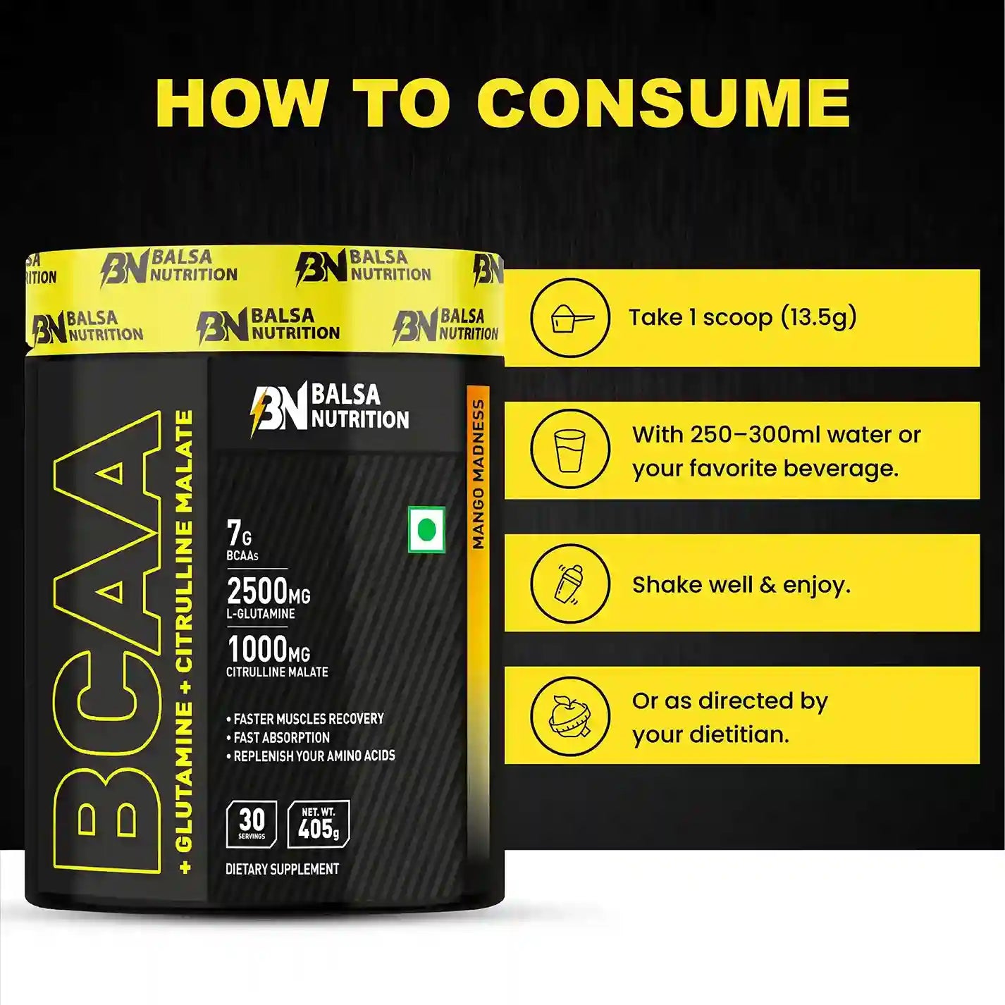Balsa Nutrition BCAA With Glutamine + Citrulline Malate Powder- 405g