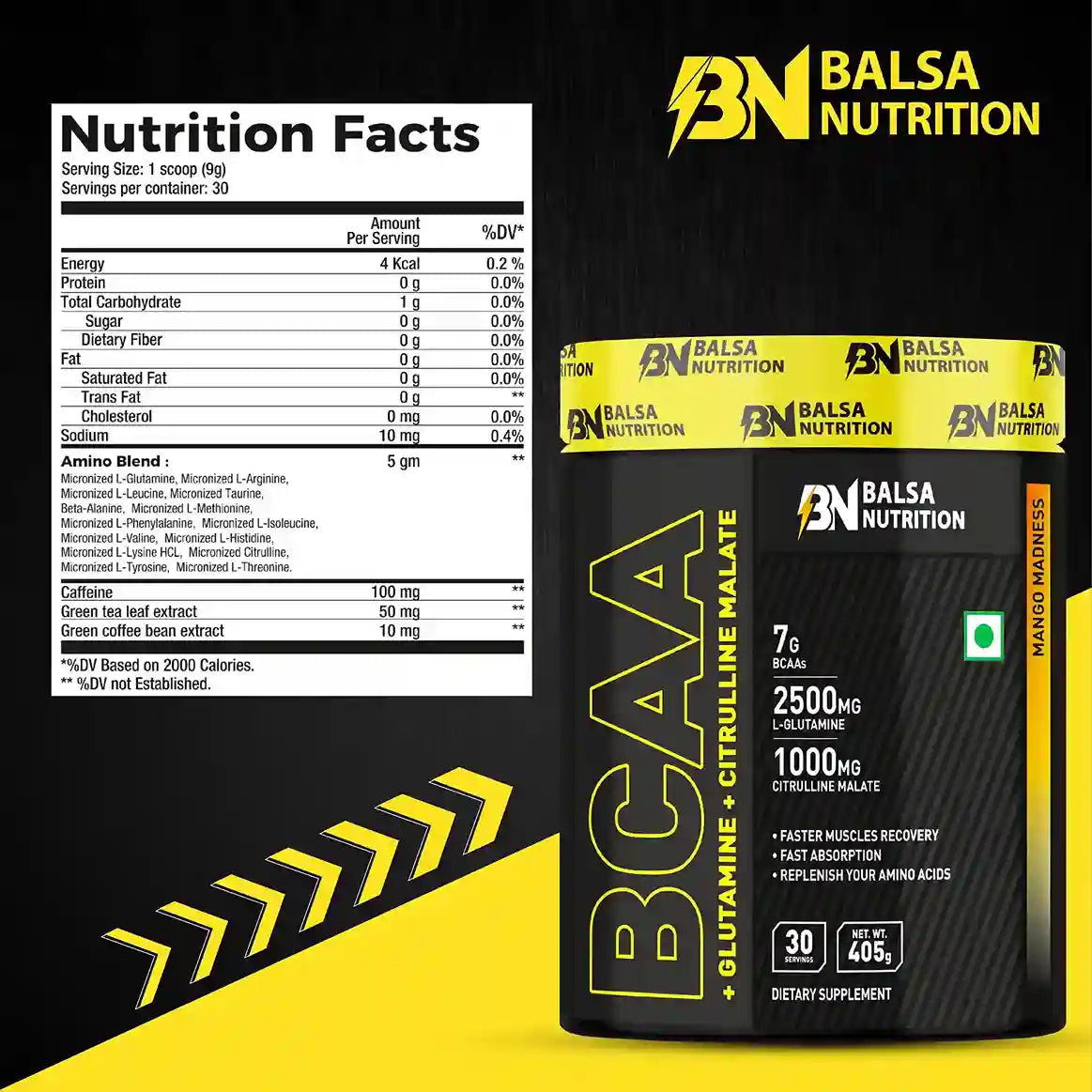 Balsa Nutrition BCAA With Glutamine + Citrulline Malate Powder- 405g