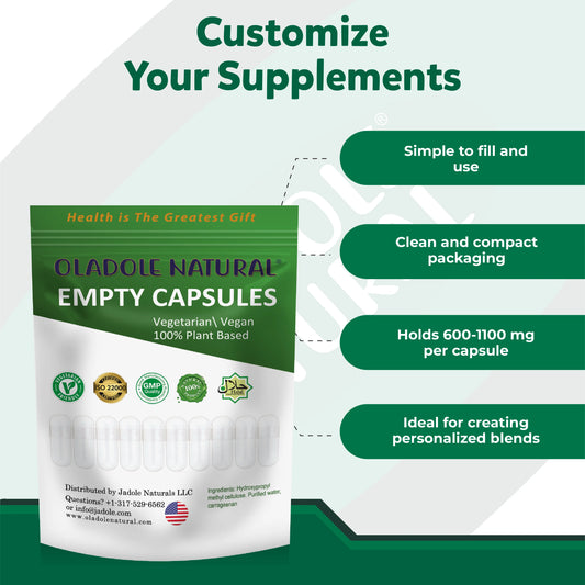Oladole Natural empty capsules packaging with product details on a green and white background