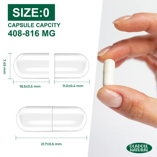 Capsule with dimensions and a hand holding it, Oladole Natural branding visible