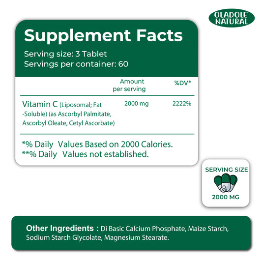 Oladole Natural Liposomal Vitamin C 2000mg- 180 Tablets