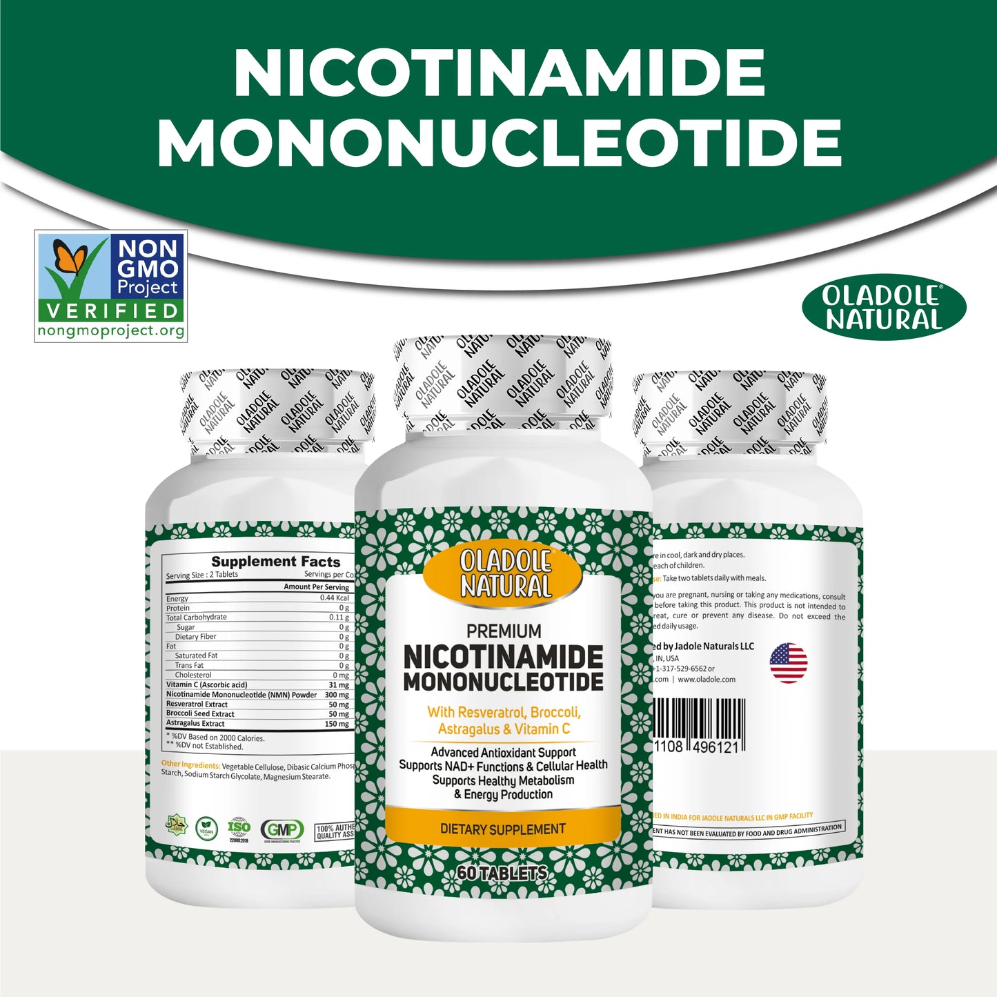 Oladole Natural NMN (Nicotinamide Mononucleotide) with Broccoli, Astragalus and Vitamin C