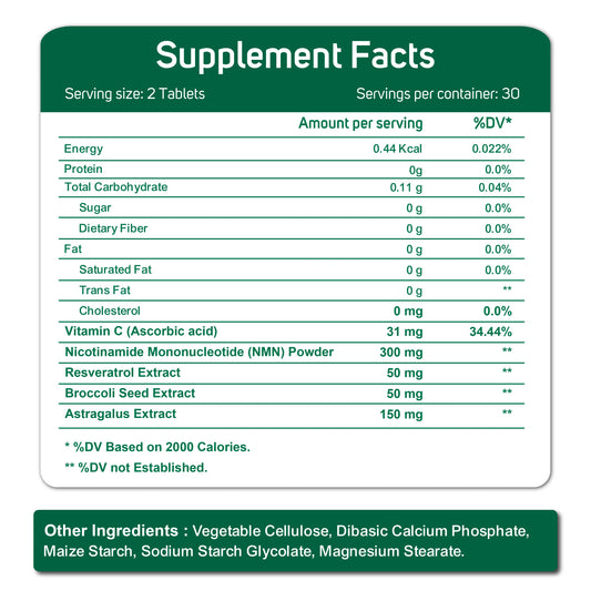 Oladole Natural NMN (Nicotinamide Mononucleotide) with Broccoli, Astragalus and Vitamin C
