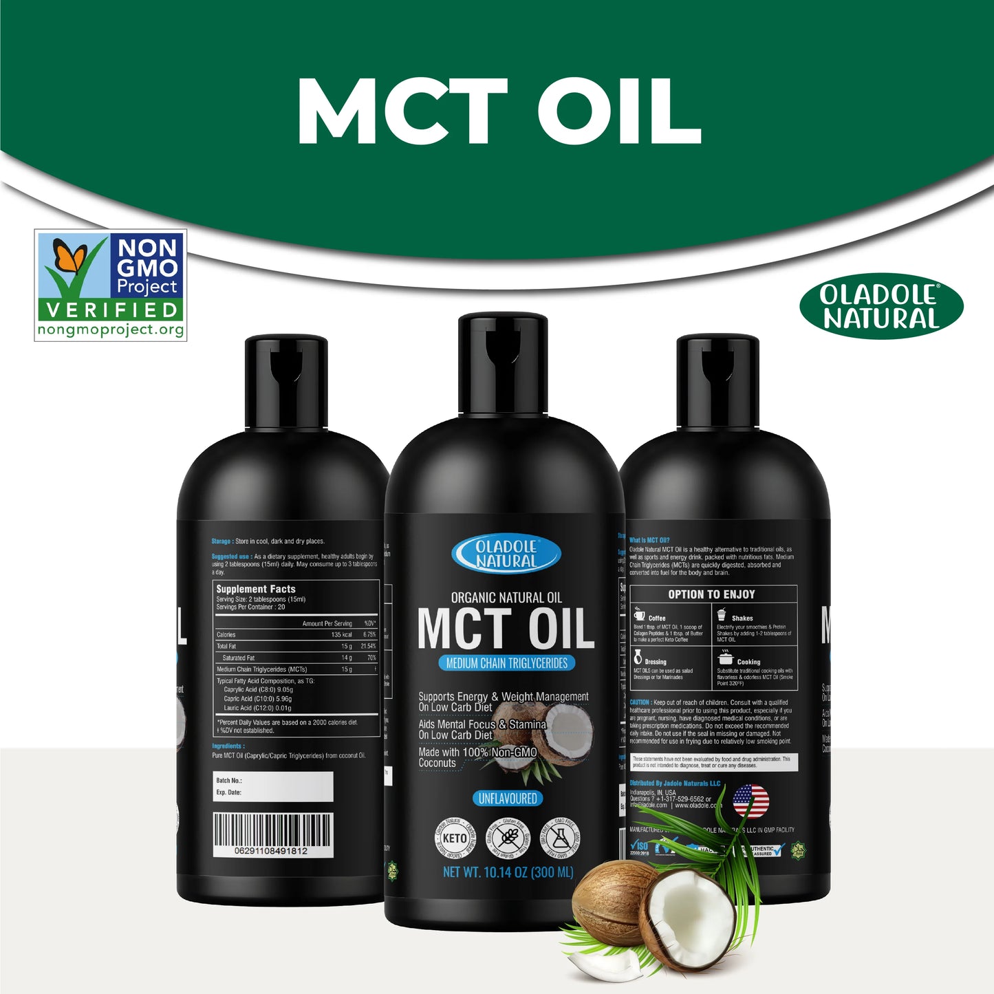 Three bottles of MCT oil with labels and a coconut on a white background