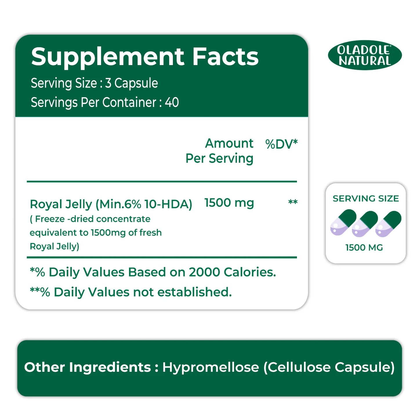 Oladole Natural Royal Jelly 1500mg - 120 Capsules