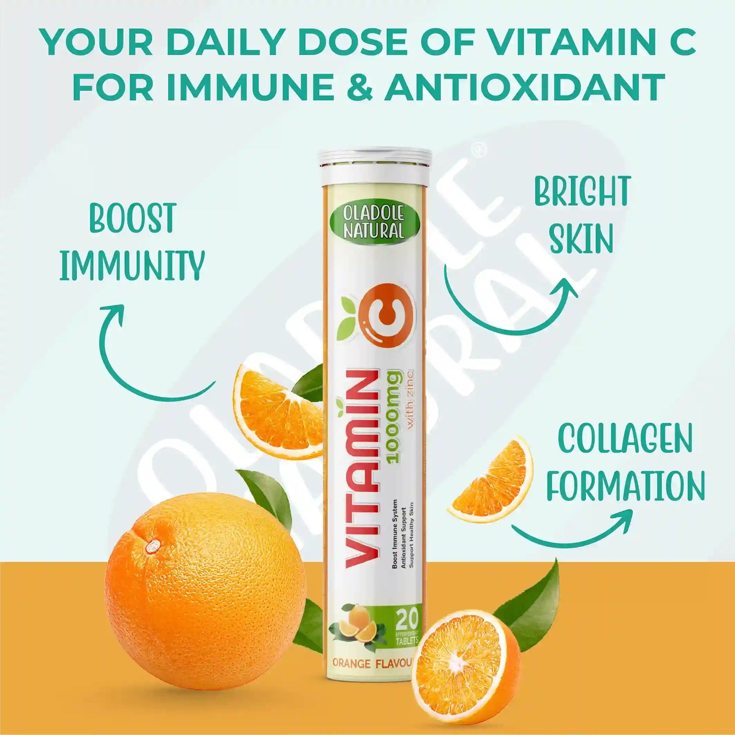 Oladole Natural Vitamin C Effervescent + Zinc Orange Flavor- 1000mg (20 Tablets) Pack of 6