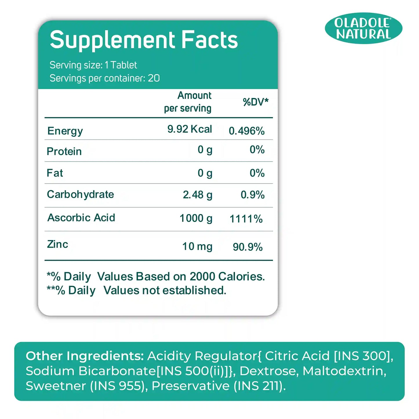 Oladole Natural Vitamin C Effervescent + Zinc Orange Flavor- 1000mg (20 Tablets) Pack of 6