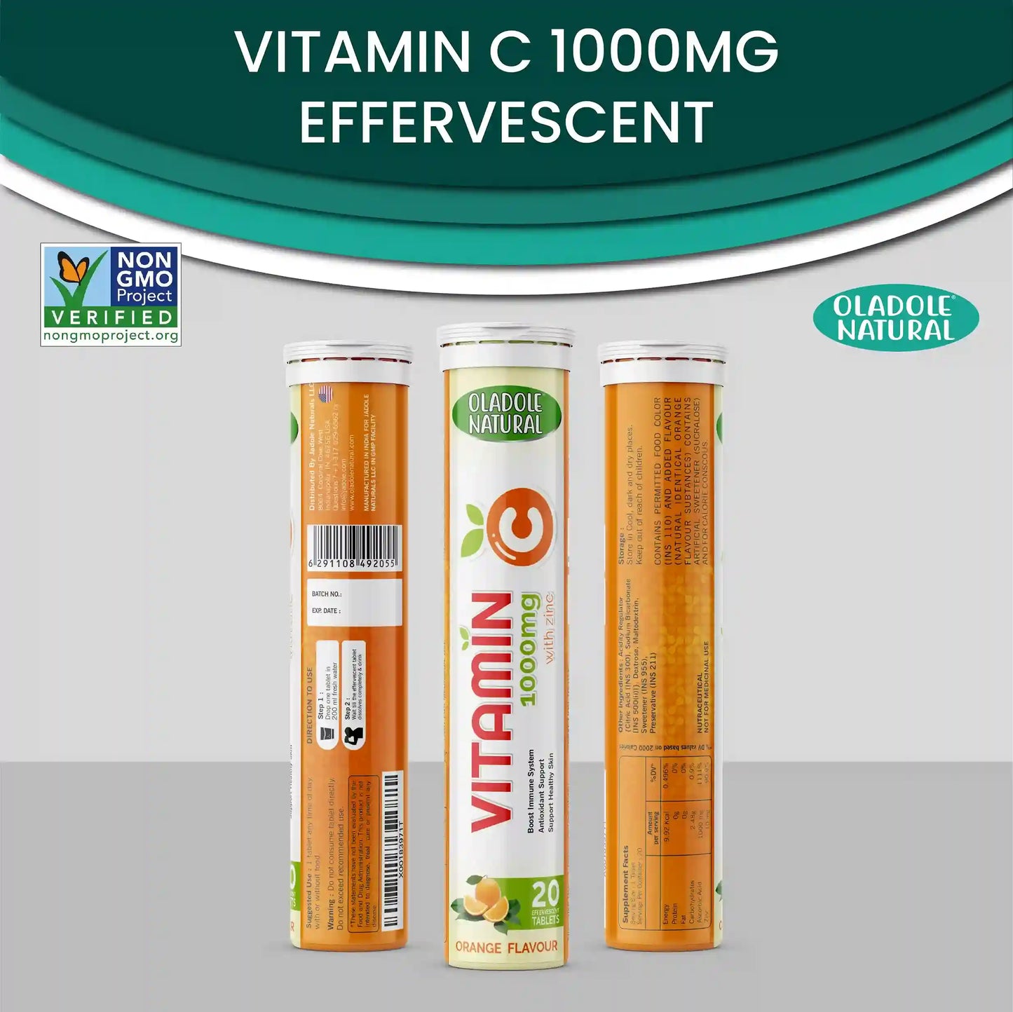 Oladole Natural Vitamin C Effervescent + Zinc Orange Flavor- 1000mg (20 Tablets) Pack of 6
