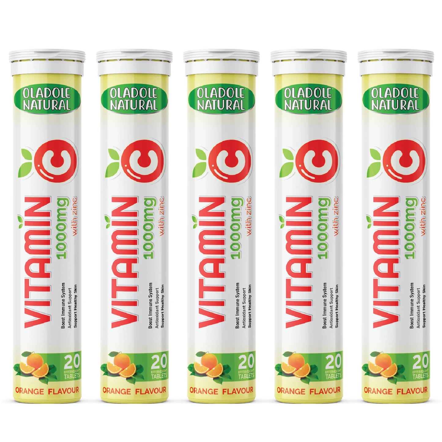 Oladole Natural Vitamin C Effervescent + Zinc Orange Flavor- 1000mg (20 Tablets) Pack of 6