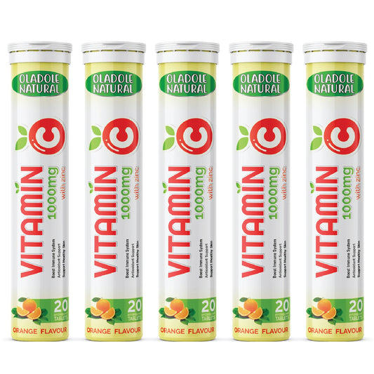 Oladole Natural Vitamin C Effervescent + Zinc Orange Flavor- 1000mg (20 Tablets) Pack of 6