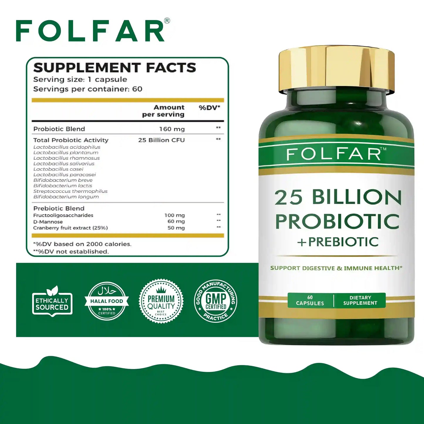 Folfar 25 Billion Probiotic & Prebiotic - 60 Capsules