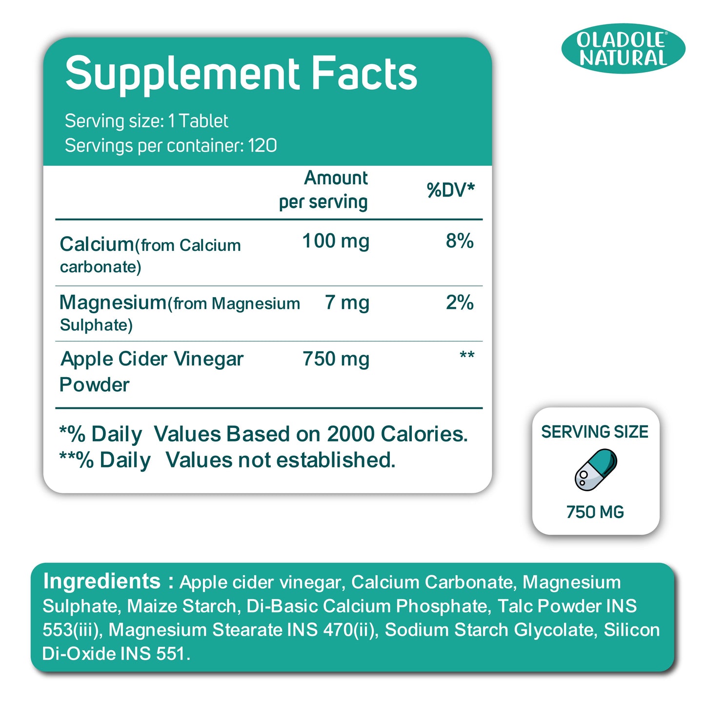Apple Cider Vinegar 750 mg 120 Tablets
