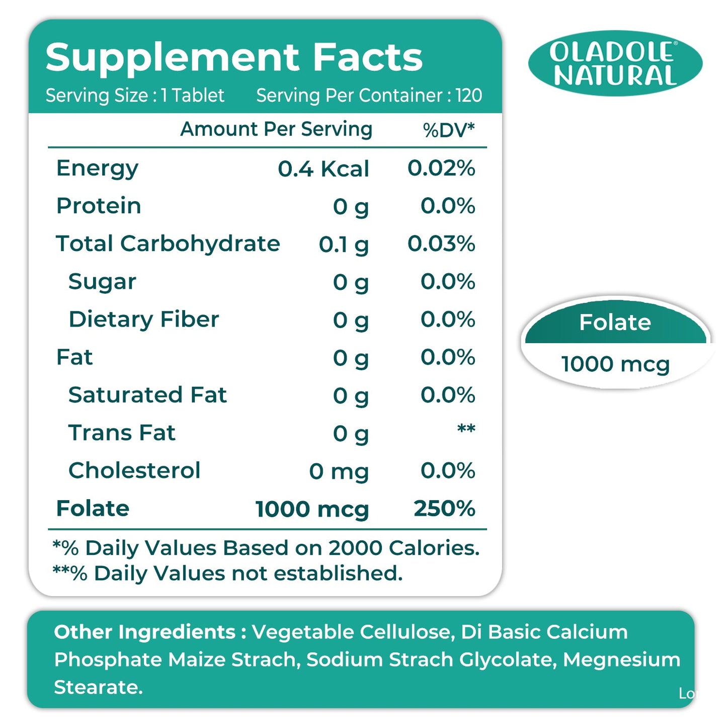 Folic Acid (Vitamin B9) 1000mcg 120 Tablets