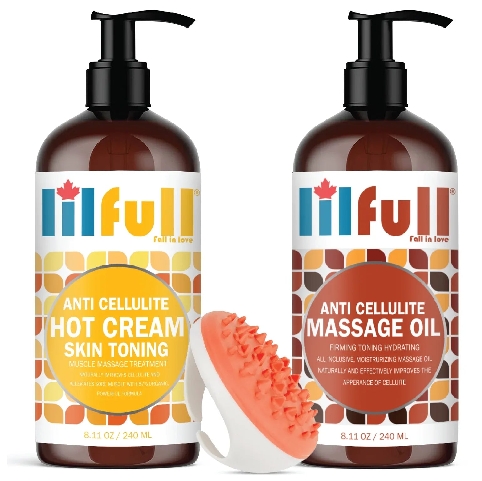 Lilfull Cellulite Massage Oil, Hot Cream & Brush Massager Set