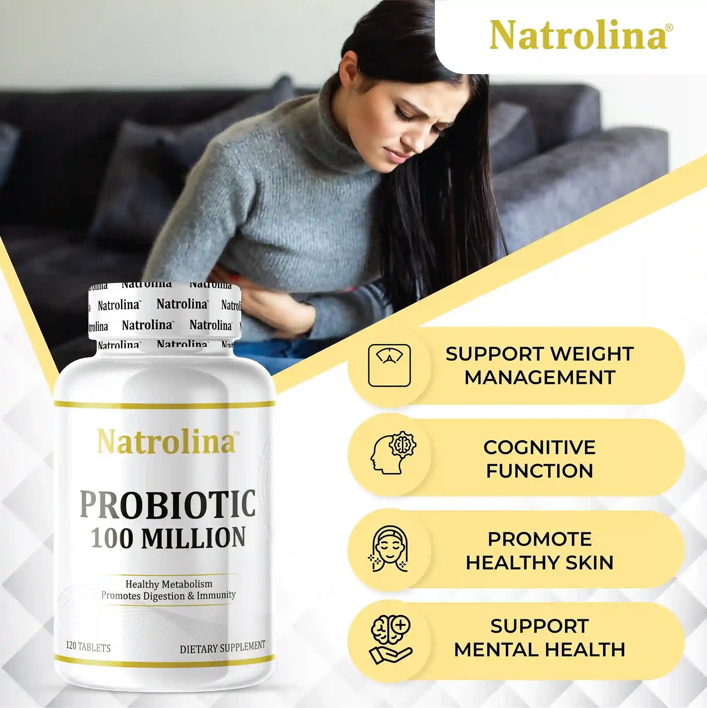 Natrolina Probiotic 100 Million, Acidophilus, 120 Tablets