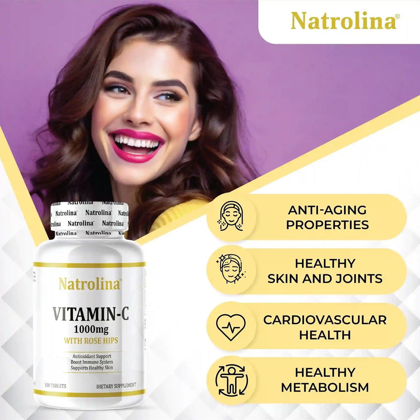 Natrolina Vitamin C 1000 mg with Rose Hips 100 Tablets Vegan
