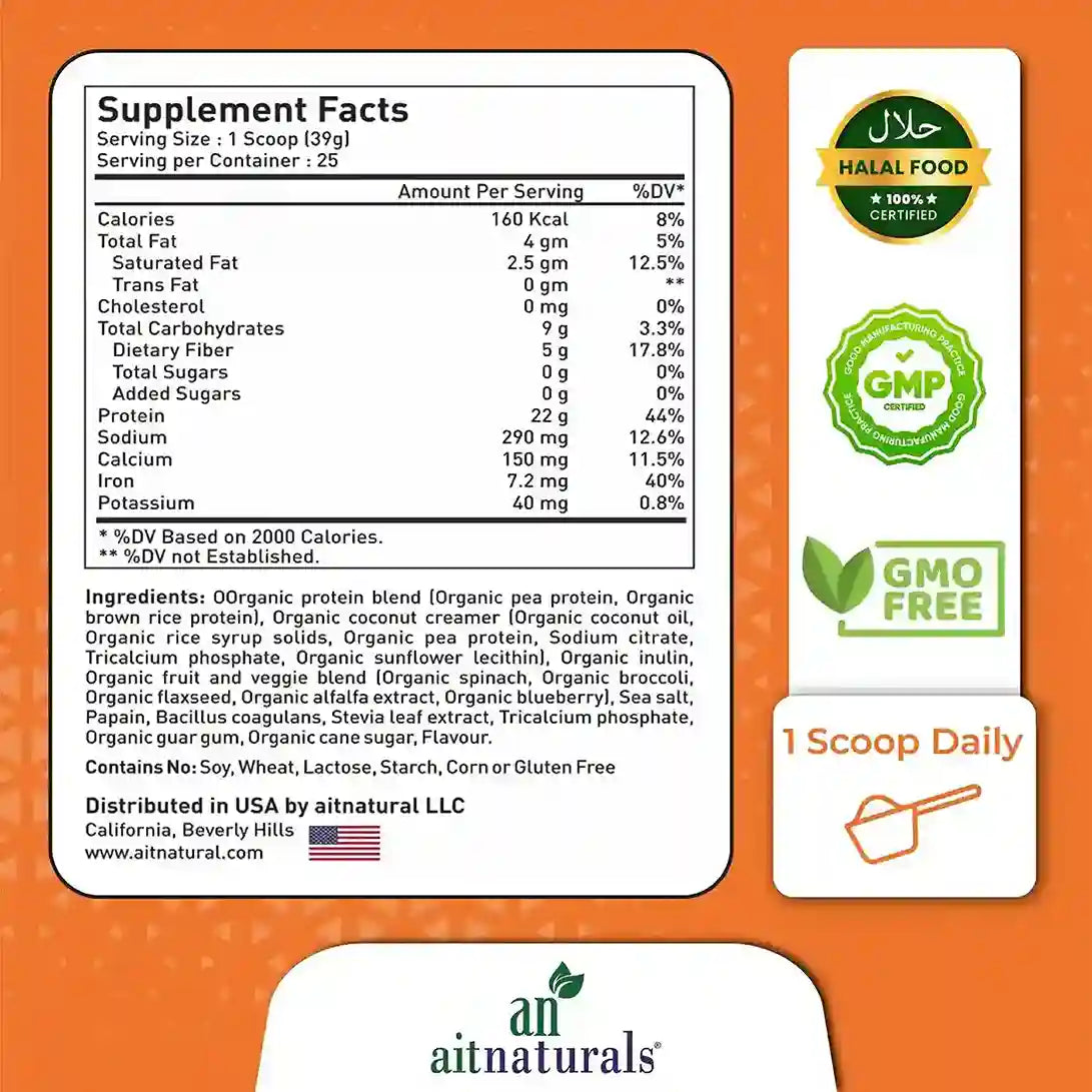 Aitnaturals Organic Protein Powder, Vegan, Non-Dairy, French Vannila
