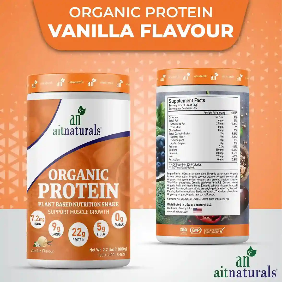 Aitnaturals Organic Protein Powder, Vegan, Non-Dairy, French Vannila