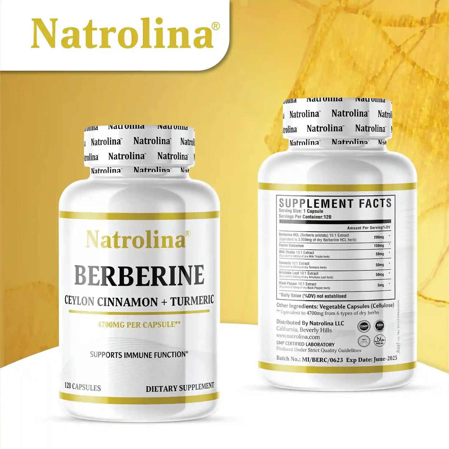 Natrolina Premium Berberine HCL, 120 Capsules