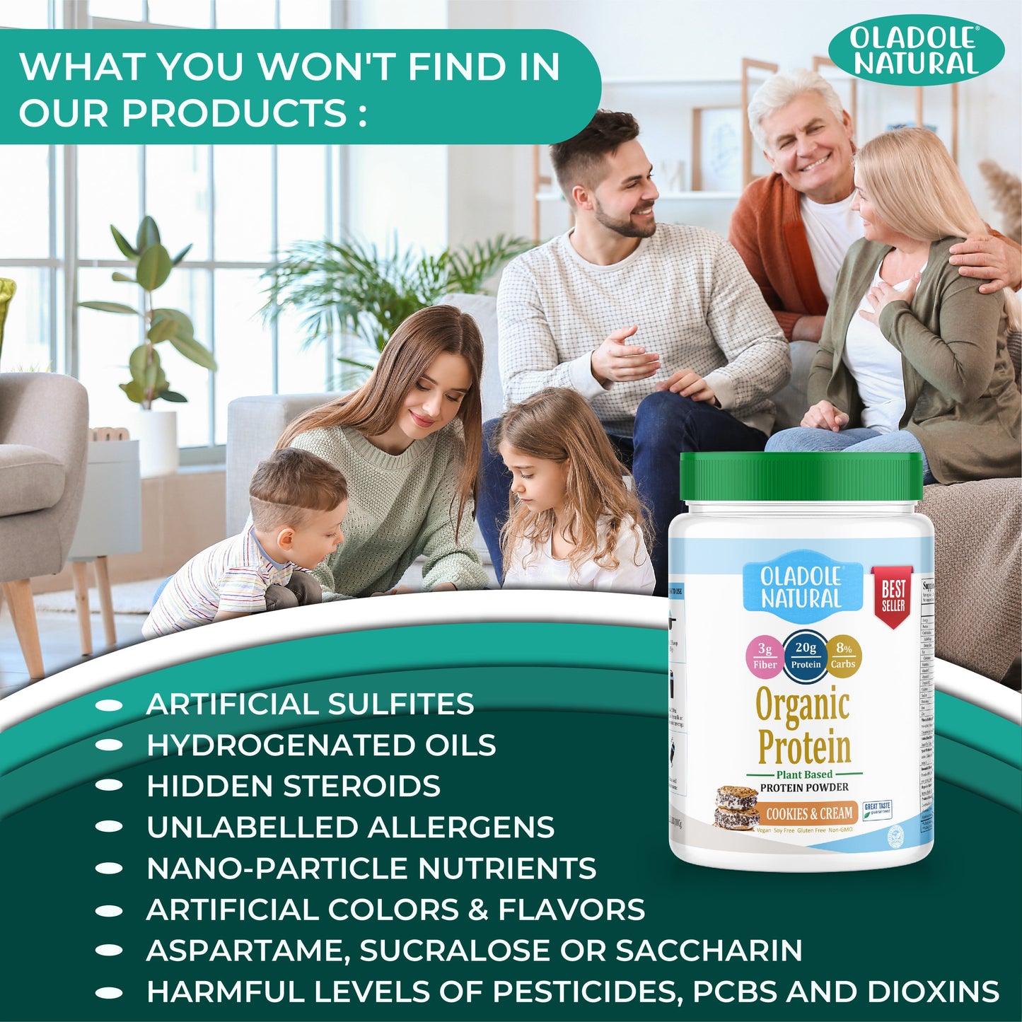Oladole Natural Plant Based Organic Protein Powder 1Kg Cookies & Cream