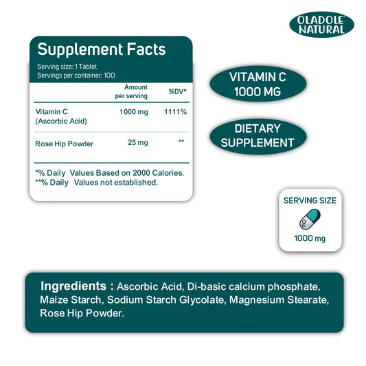 Oladole Natural Vitamin C 1000 mg with Rose Hips 100 Tablets