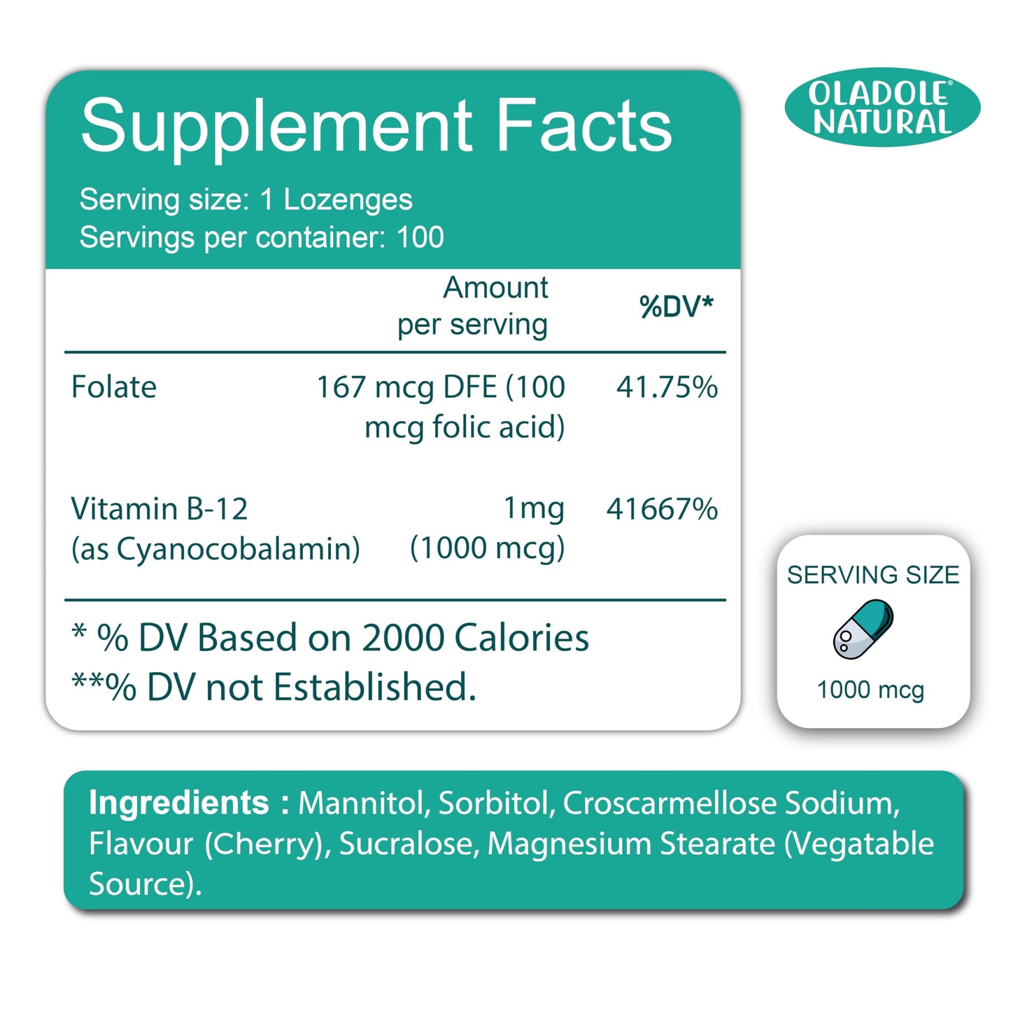 Oladole Natural Vitamin B-12 (1000mcg) - 100 Lozenges
