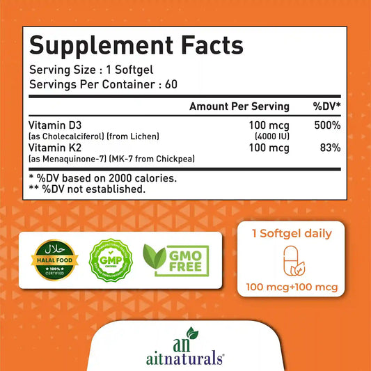 Aitnaturals Plant Based D3 + K2 - (60 Softgels)