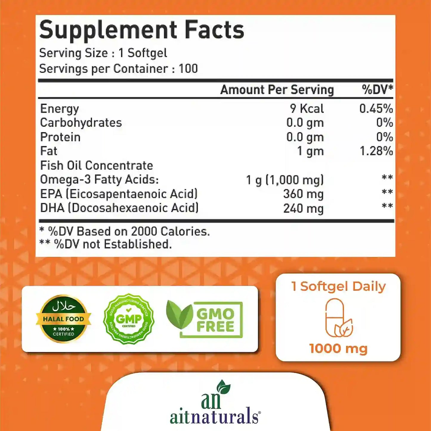 Aitnaturals Super Omega 3 Fish Oil 1000mg, 360 EPA, 240 DHA