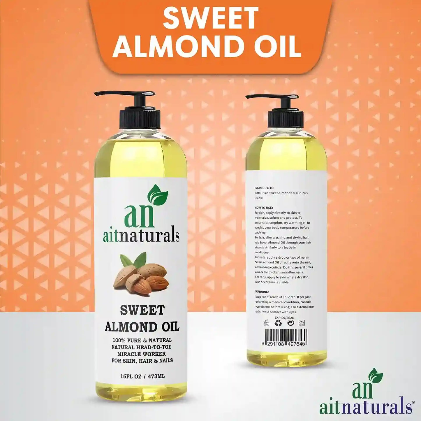 Aitnaturals Sweet Almond Oil 473ml for Hair Growth, Nail