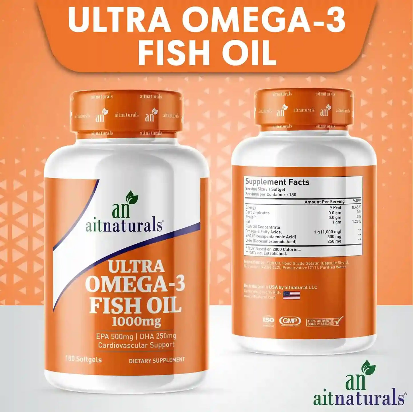 Aitnaturals Ultra Omega 3 Fish Oil 1000mg, 500 EPA, 250 DHA